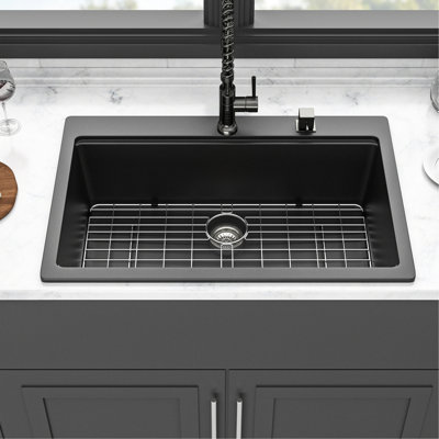 33X22" Black Quartz Workstation Drop - In Kitchen Sink, High End Quartz, Thick And Strong, Smooth Surface Protects Hands, Comes With Installation Accessories Strainers Quiet Package Guide