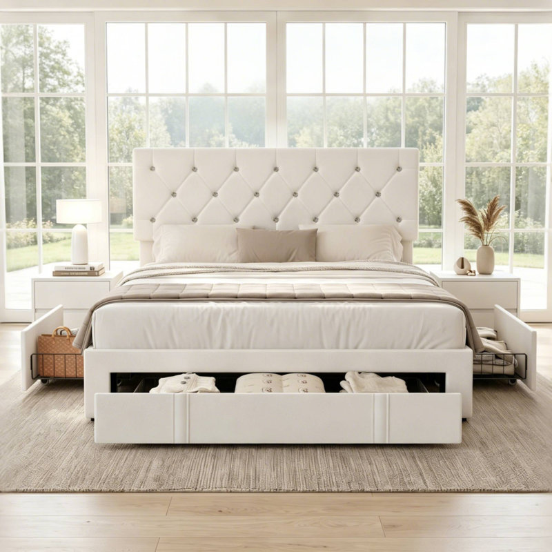 Structure de lit moderne en cuir synthétique avec tête de lit capitonnée réglable, Grand lit, Blanc