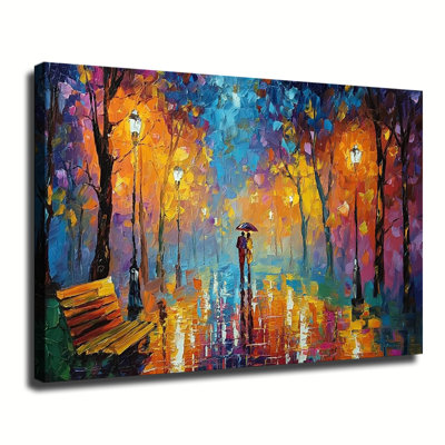 Couple Walking With Umbrella In Colorful Rainy Park Palette Knife Oil Painting, Large Gallery Wrapped Canvas Wall Art Print For Living Room Bedroom