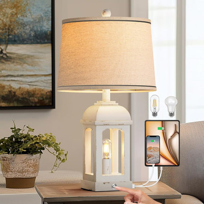 Table Lamp For Living Room, Farmhouse Lamps With USB A+C And Nightlight, 26" Rustic Bedside Lamps With 3-Way Dimmable Touch Control, Nightstand Lamp For Bedroom, Shabby White, 1 Pack