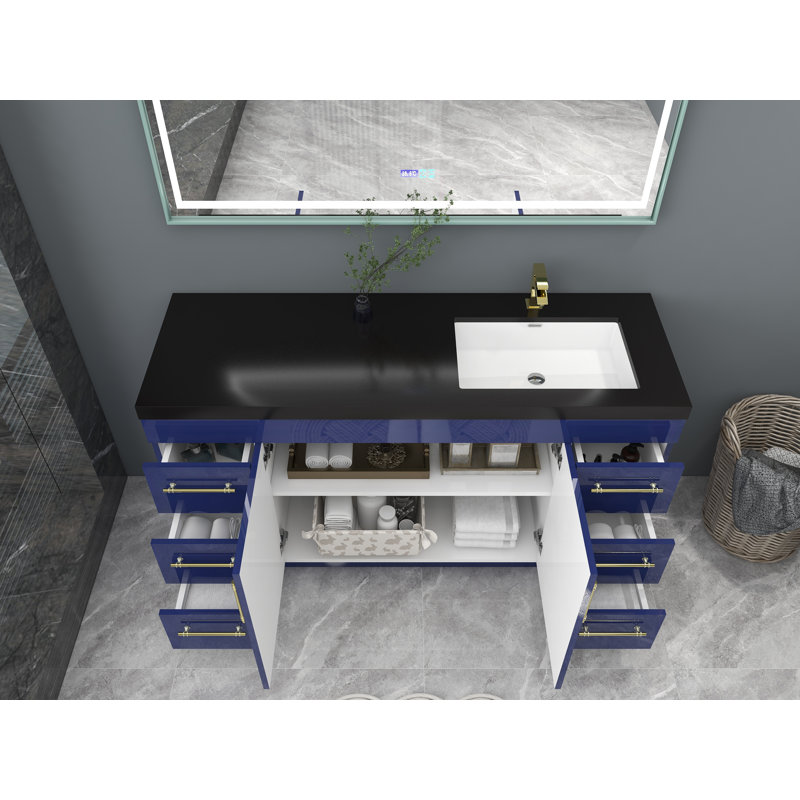 Ensemble de meuble-lavabo simple 60 "60", Bleu nuit brillant, Or mat