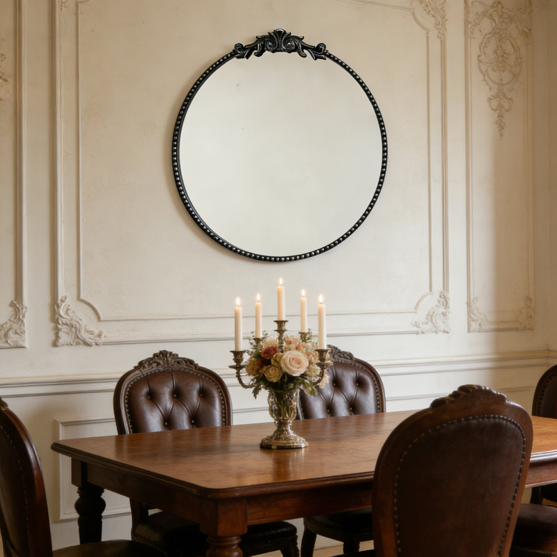 24" Round Black Ornate  Wall Mirror - Gothic Vintage Style Decorative Mirror For Entryway Bedroom Living Room