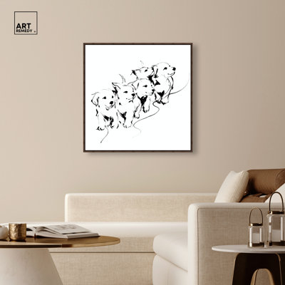 Encre chiots I, reproduction d'art sur toile encadrée par Art Remedy, cadre noyer, 40 x 40