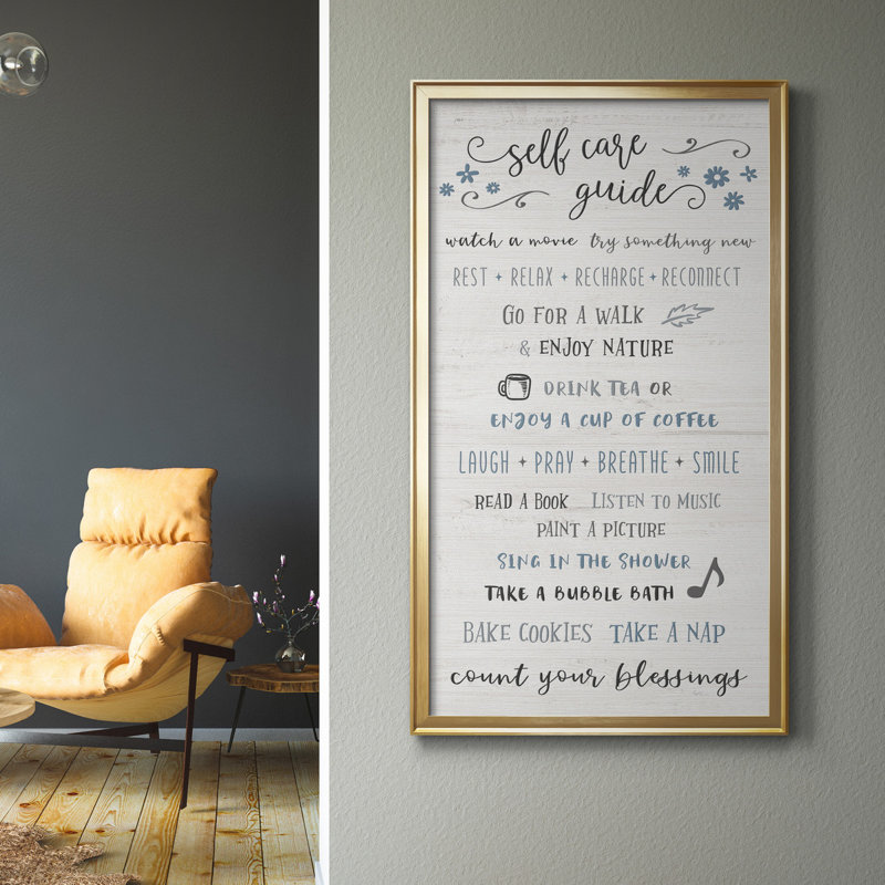 «Self Care Guide», art textuel sur toile, H 14,5 po x l 26,5 po x P 1,5 po, Cadre doré