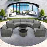 Brusnice 9-pieces Outdoor Half-moon Wicker Patio Sofa Set With 1 Nesting Coffee Table And Tempered Glass Top