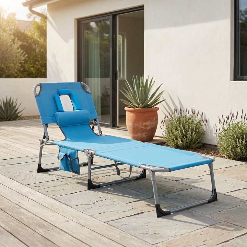 Foldable Outdoor Tanning Chair With Face And Arm Cutout Holes For Beach Poolside Backyard Sunbathing Use, Blue