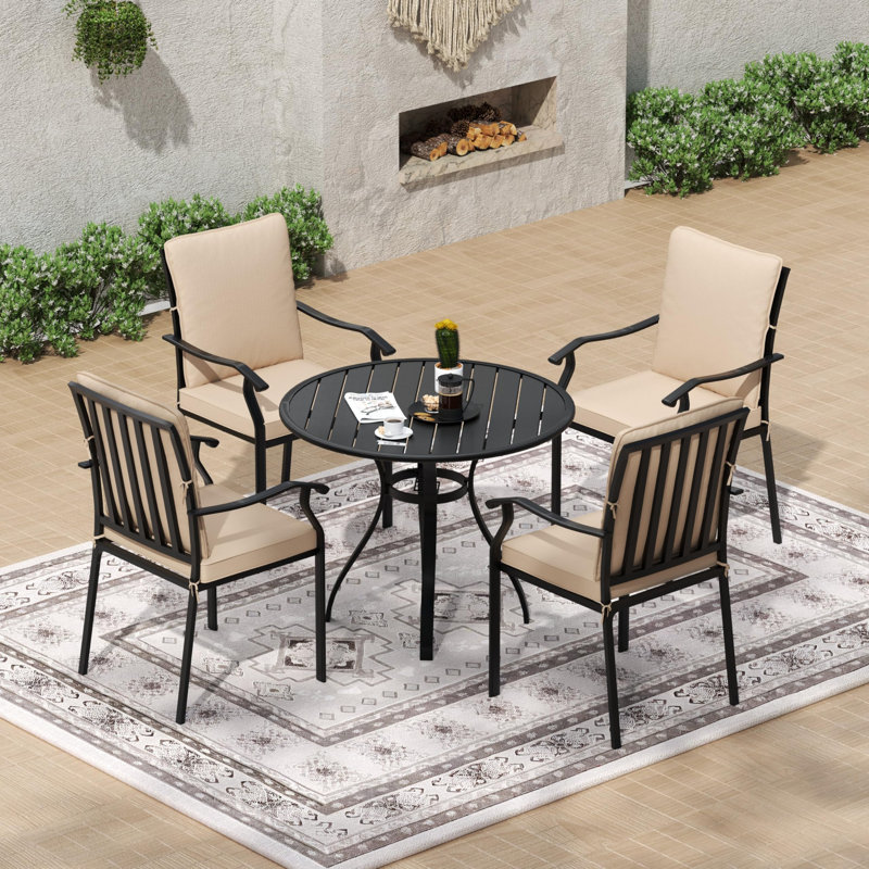 5-piece Outdoor Patio Dining Set With Chairs And Round Metal Table, Sturdy Metal Frame For Garden, Patio & Backyard