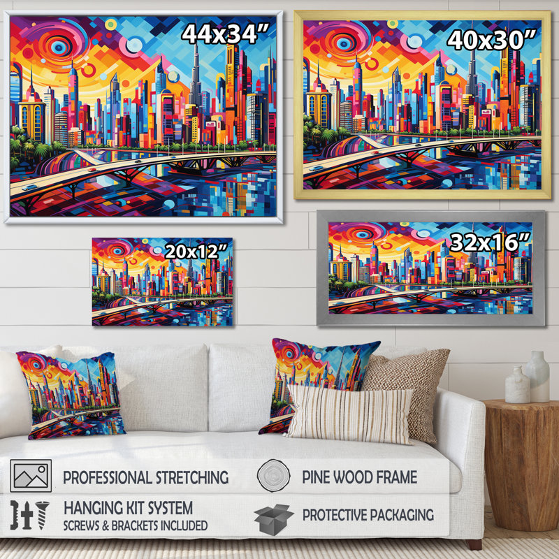 Pop Art Dubai Cityscape II - Cityscapes Canvas Prints, Cadre photo noir, H 24 po x l 32 po x P 1 po