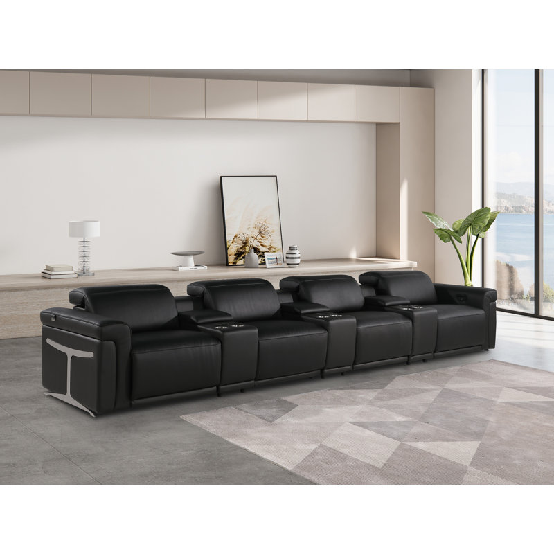 7-Piece 4-Power Reclining Italian Leather Sofa With Power Headrest, Black