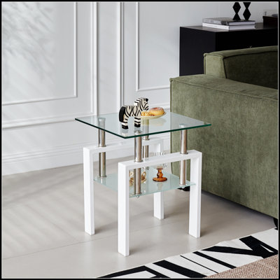 Table de bout en verre trempé blanc transparent, 2 couches avec rangement pour une vie moderne et polyvalente