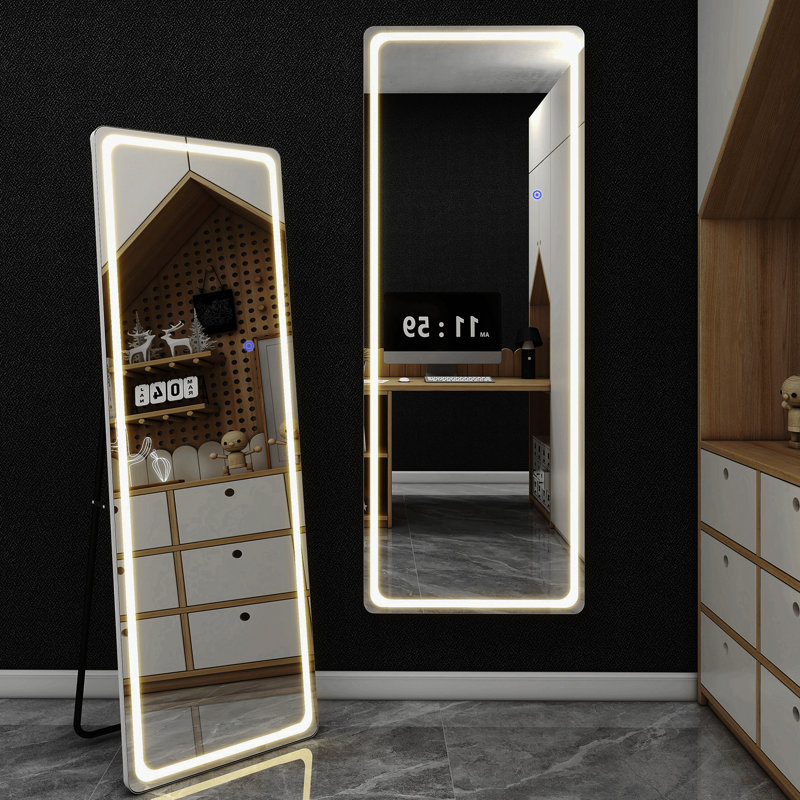 Miroir de salle de bain à DEL rectangulaire en aluminium arrondi blanc pleine longueur avec support 63 * 16 * 1 po pour meuble-lavabo de chambre à coucher, salon / vestiaire