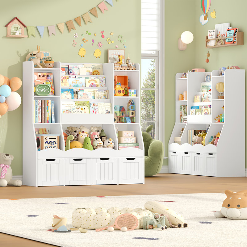 Bibliothèque pour enfants à 4 niveaux avec 4 tiroirs, bibliothèque de rangement en bois, blanc