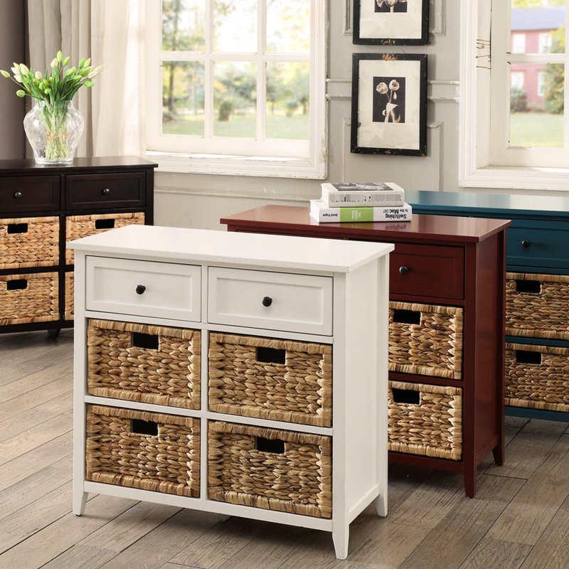 Console de couleur bleu sarcelle: espace de 6 tiroirs, devant de panier, bois, glissière en métal lisse Fonctionnalité de rangement: tiroirs, panier, cadre en bois