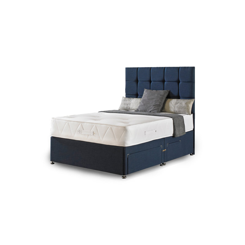 Asia Upholstered Divan Bed with Mattress, Midnight Blue Linen, Small Double, 4 Drawer Continental