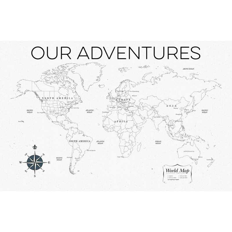 Carte du monde en gris et blanc, H 8 po x l 12 po