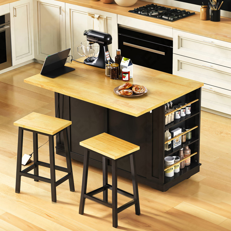 48 Inch Large Kitchen Island With Drop Leaf,Power Outlet,Internal Storage Rack,Rolling Kitchen Storage Cart On 5 Wheels With 5 Open Side Racks For Kitchen,Dining Room