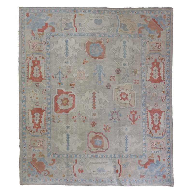 Tapis unique bleu, saumon et ivoire de 8 pi 6 po x 9 pi 11 po