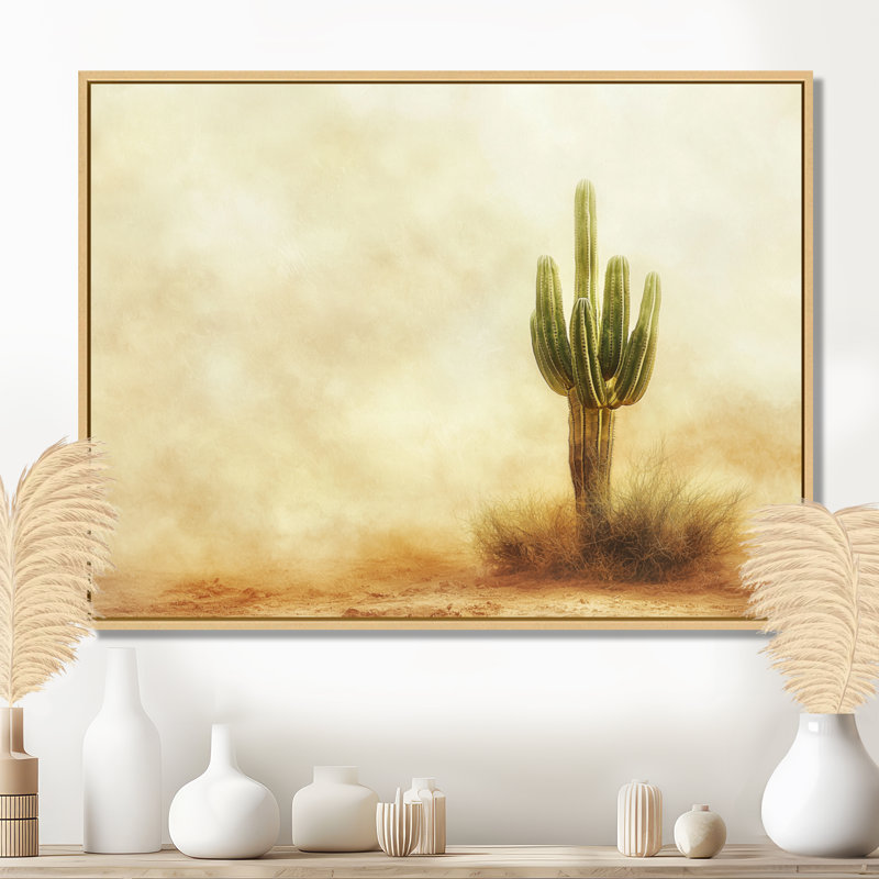 Cactus tempête de sable I - art mural cactus, H 24 po x l 32 po, Cadre flottant, Crème, crème