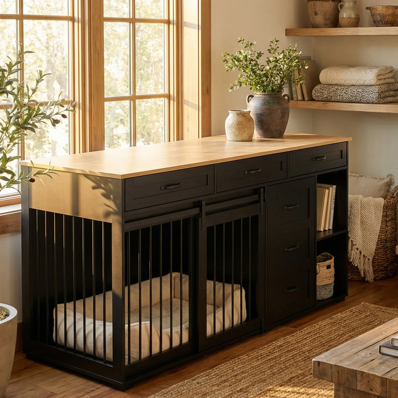 3 Drawer Two Compartment Dog Crate, Black