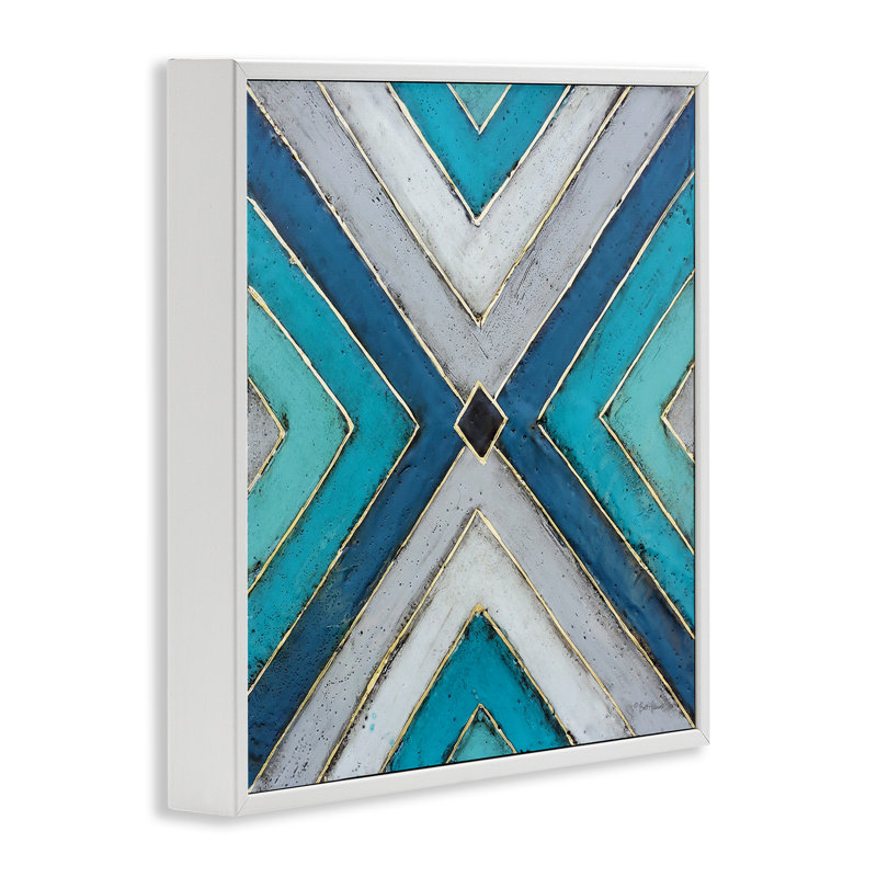 Art géométrique à motif géométrique bleu par Britt Hallowell, Giclée encadrée blanc bord de mer, H 17 po x l 17 po