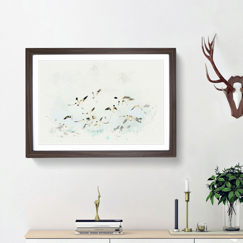 Flock of Seagulls over the Sea in Abstract - Picture Frame Graphic Art Print, Walnut Framed, 36cm H x 48cm W x 2cm D
