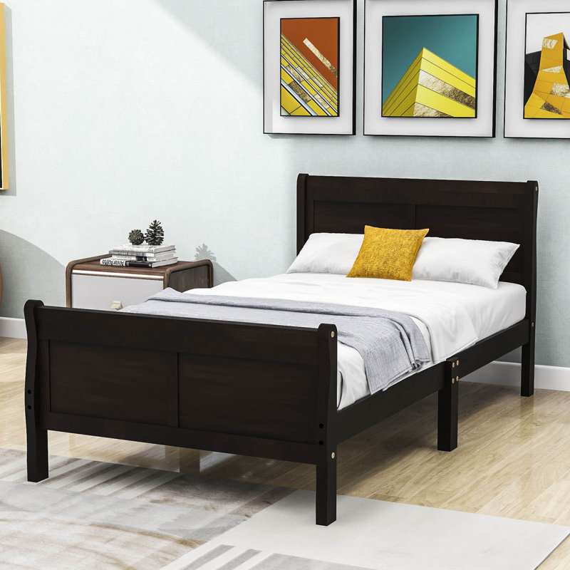 Twin Size Wooden Platform Bed with Headboard, Espresso