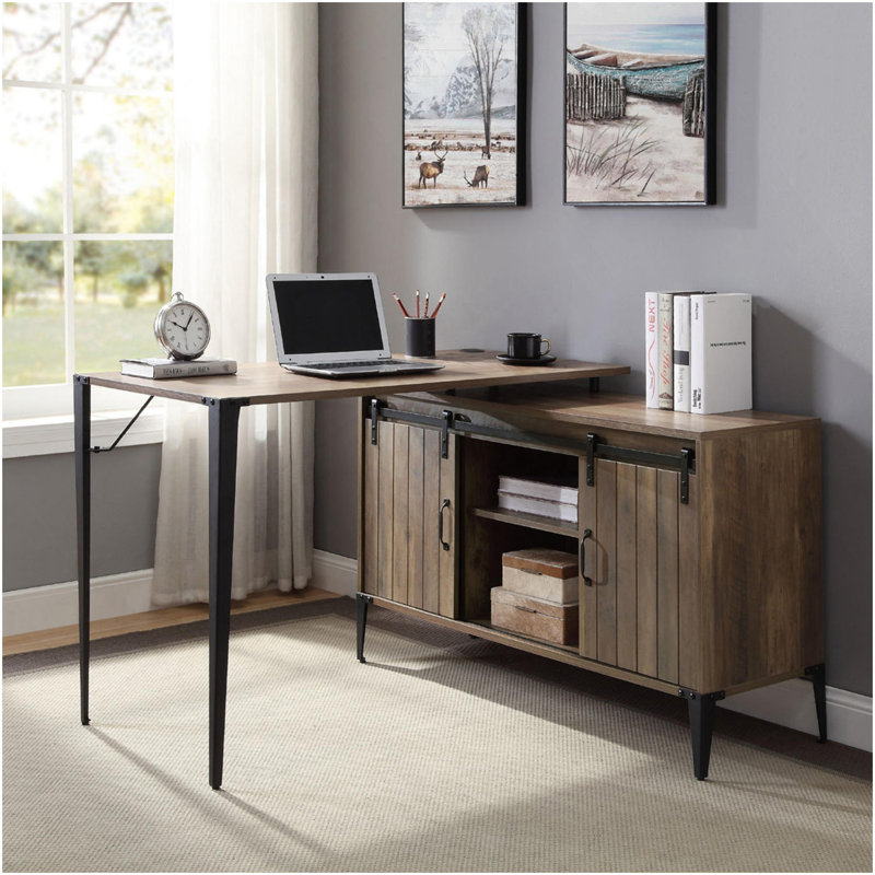 Bureau d'écriture en L avec armoire latérale, chêne rustique et noir, Chêne