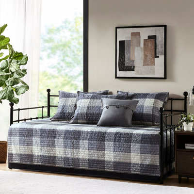6 Piece Grey Daybed Cover - Reversible Plaid And Solid Designs Includes Cover, , 3 Shams, Decorative Pillow Cotton Blend Throw Herringbone Material
