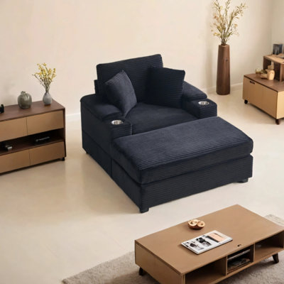 Corduroy Upholstered Recliner Sofa With Arm Storage Removable Footstool For Living Room Office