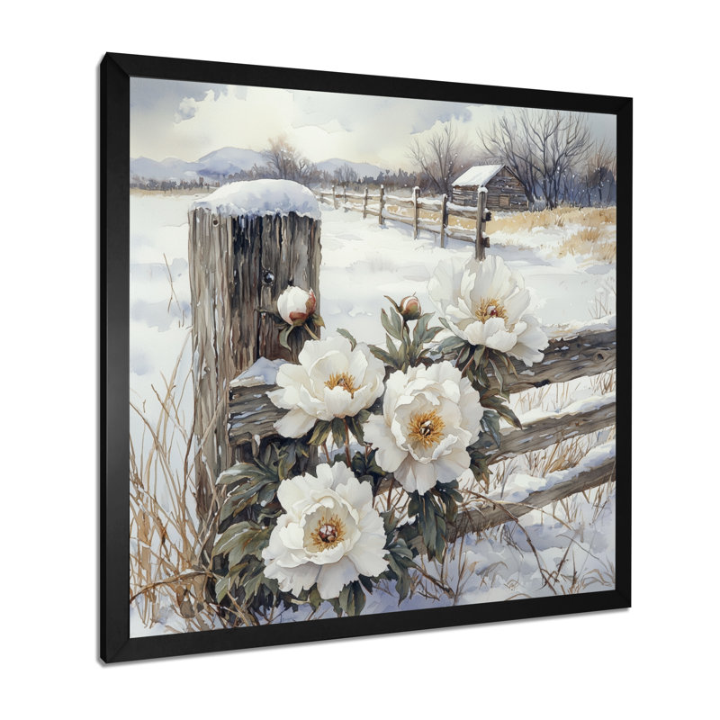 Demartino pivoines par la clôture enneigée I - pivoines, art mural, H 16 po x l 16 po, Picture Framed Print