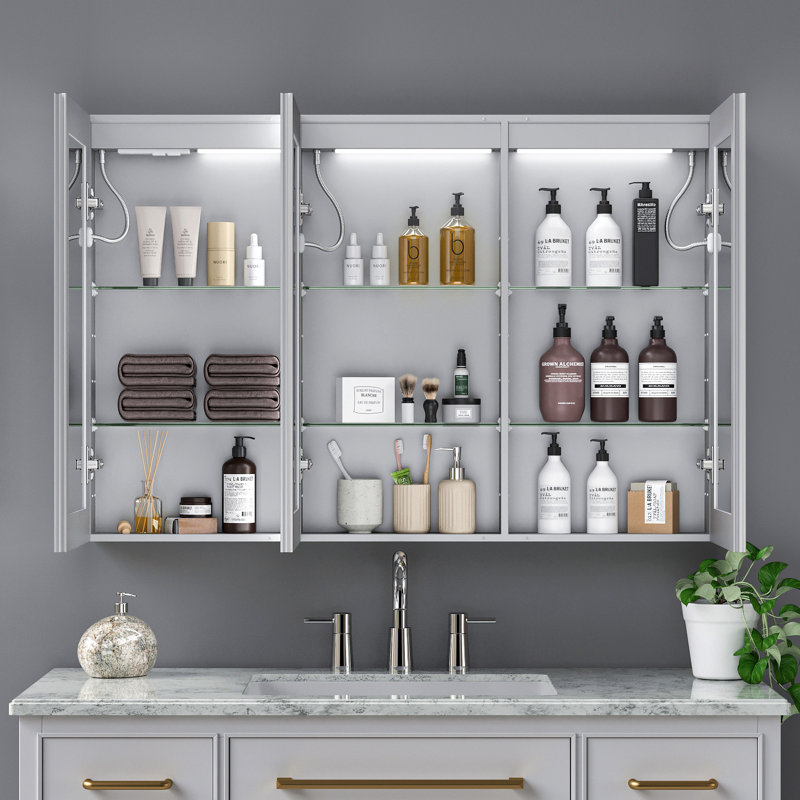 Armoire à pharmacie à DEL avec miroir, armoire de salle de bain avec miroir 48 * 32 pouces avec lumières, encastrée ou murale, 3 couleurs Temperaturesanti-Fog