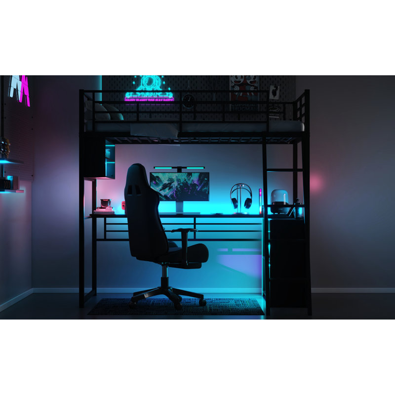 Twin Metal Loft Bed With Led, Desk, Storage - Black Construction Modern Led , And Design, Twin