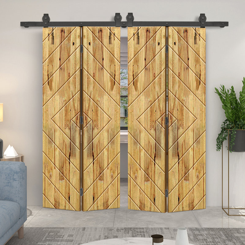 Porte de grange double pliante en bois de pin teinté avec quincaillerie coulissante, 52 po x 80 po, Chêne vieilli