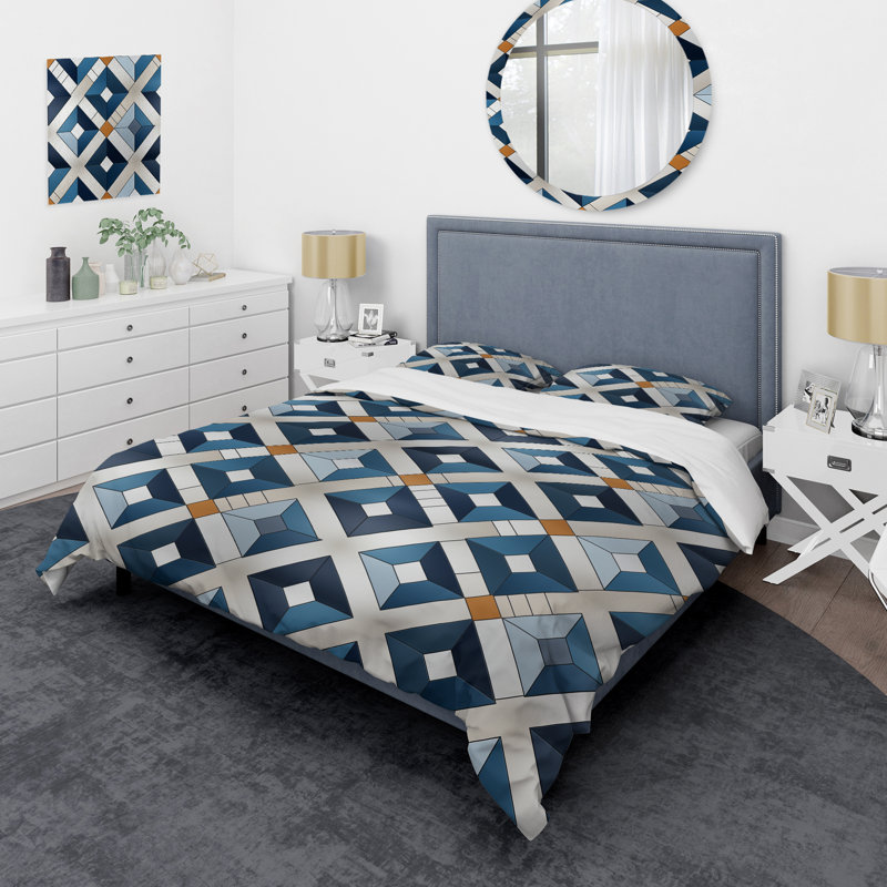 Nordic Cobalt Blue Tiles - Ensemble de housse de couette géométrique, Housse de couette pour très grand lit et 2 très