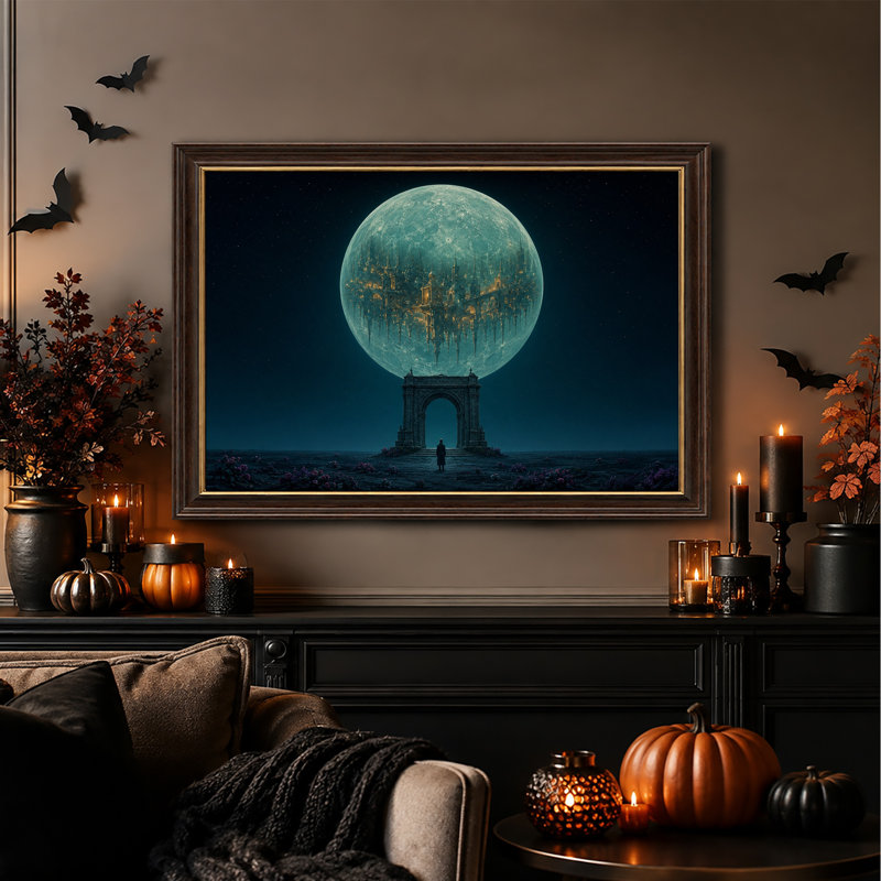 Toile murale d'Halloween avec lune bleue lumineuse et cité fantastique sur pierre, H 16 po x l 24 po