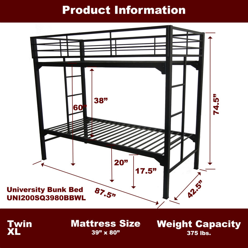 Assumpta University 2" Heavy Duty Steel Bunk Bed with Built-in Guardrails & Ladders, Twin XL Over Twin XL