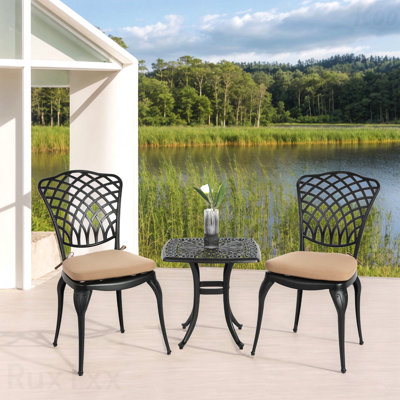 3-Piece Patio Furniture Set Black Bistro Set Rustproof Cast Aluminum 2 Chairs And 1 Round Table Outdoor Garden Patio Balcony With Cushion