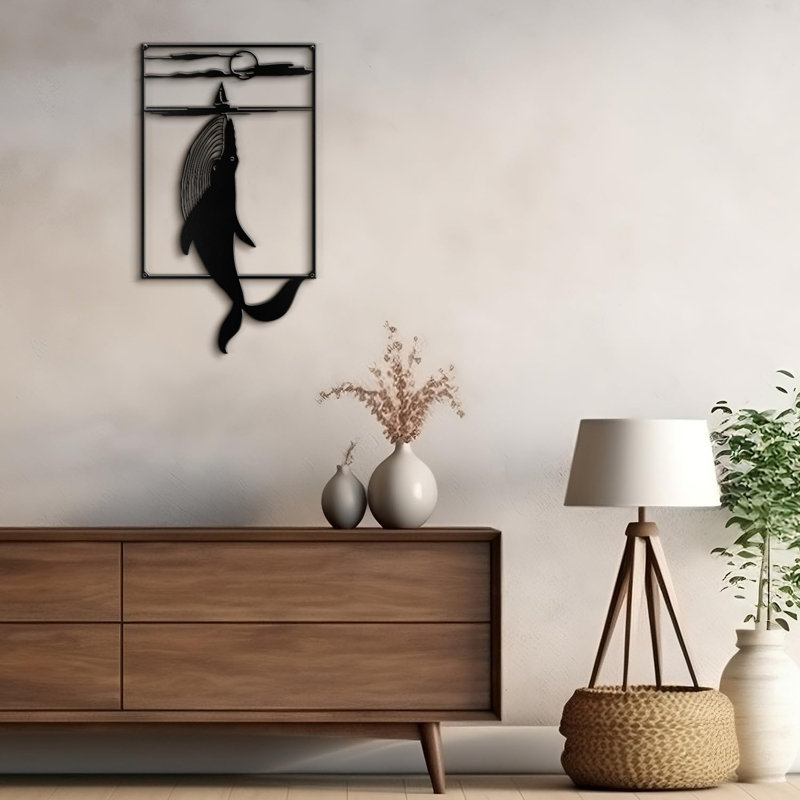 Décoration murale en métal baleine minimaliste moderne abstrait décoration murale, H 30 po x l 20 po x P 0,05 po, Noir