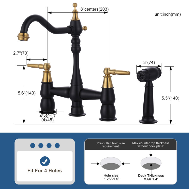 Double Handle Bridge Kitchen Faucet With Faucet-side Sprayer In Black And Gold,  Black And Gold
