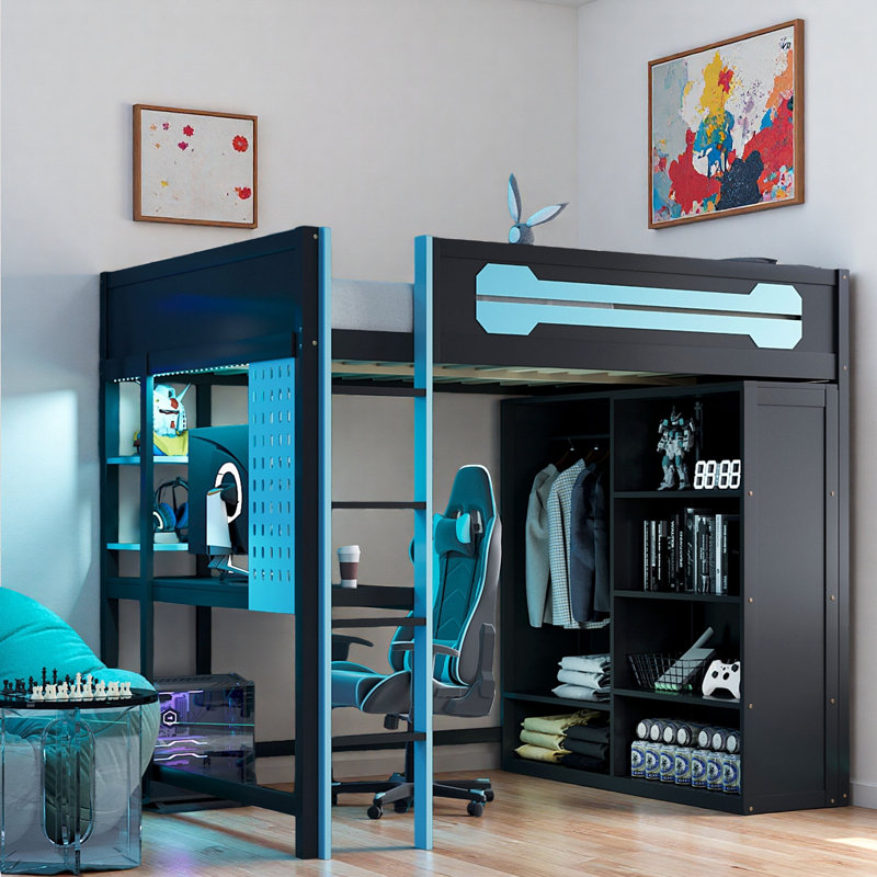 Lit mezzanine en bois avec bureau, garde-robe ouverte et lumière RVB, Bleu / Noir