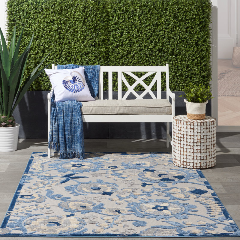 Tapis floral bleu / gris intérieur / extérieur Floral, Rectangle 12 pi x 15 pi