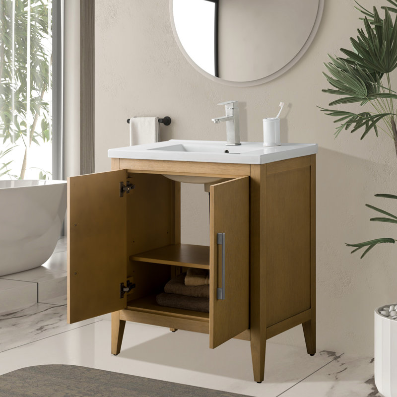 Meuble-lavabo simple 30 po avec comptoir en céramique Chambery, Chêne naturel, Nickel brossé, H 34 po x l 30 po x P 18,5 po