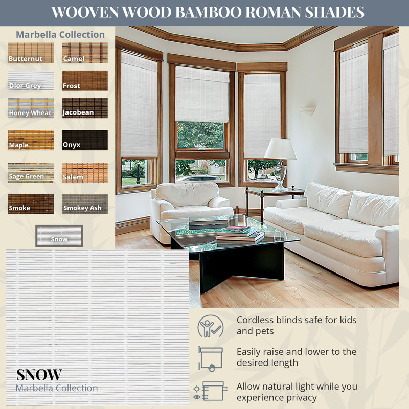 Natural Woven Light Filtering Cordless Bamboo Roman Shades, 27"W x 36"L