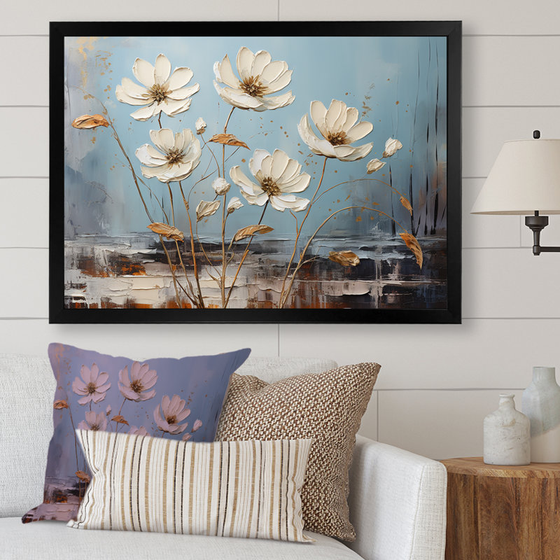 Marguerite blanche sur fond blanc, Cadre simple noir, H 30 po x l 40 po x P 1,5 po