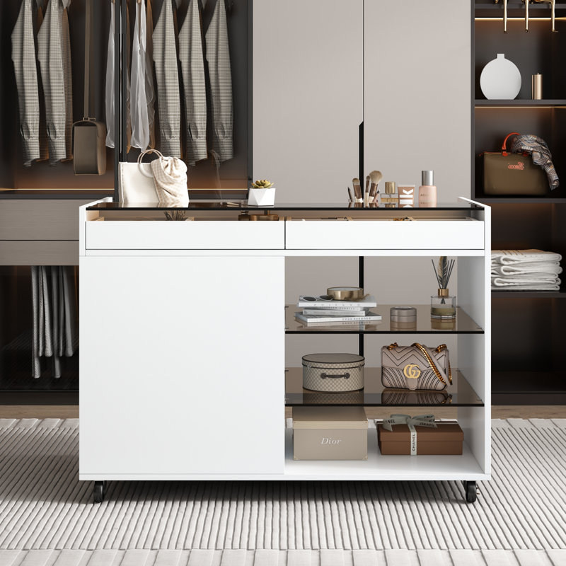  Multi-Functional Storage Island Vanity Console with Glass Display Shelves and Reversible Top, White