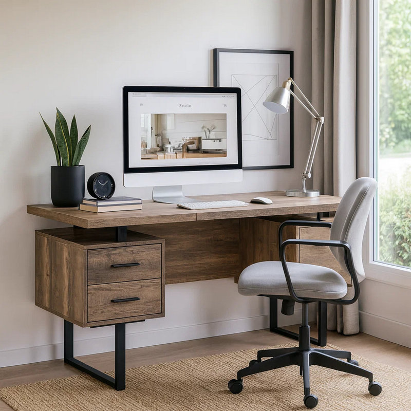 Bansilal Computer Desk, Home Office, Laptop, Left, Right Set-Up, Storage Drawers, 60"L, Metal, Laminate, Brown/Black