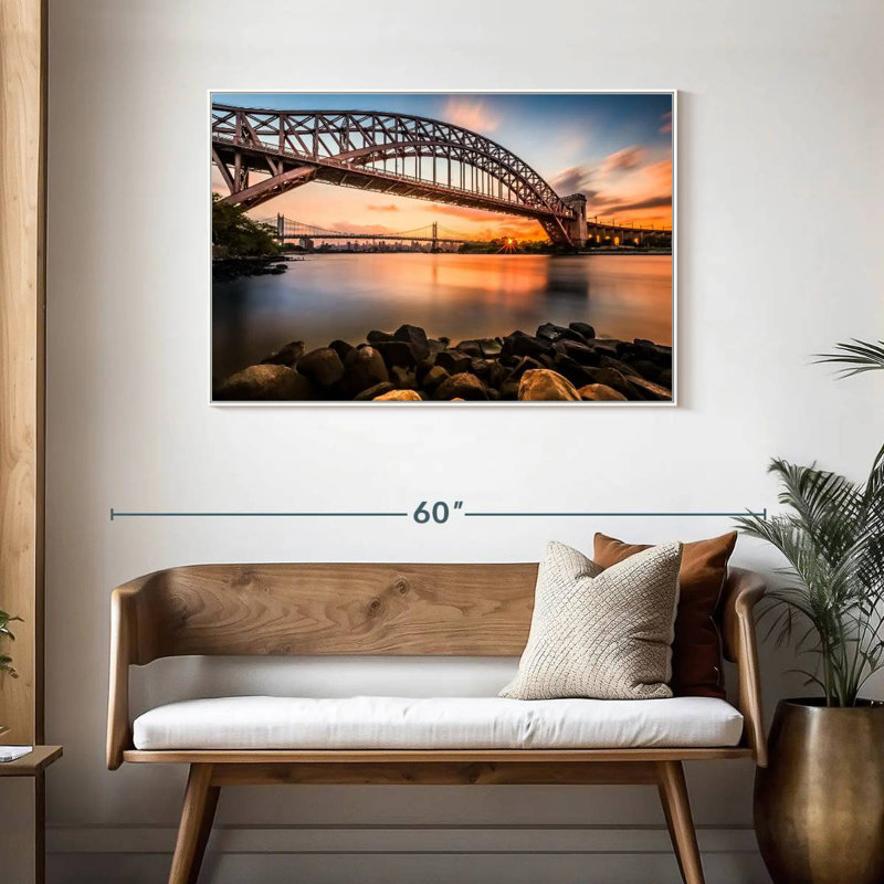Pont Triboro au coucher du soleil, Cadre flottant blanc, 43 po x 29 po