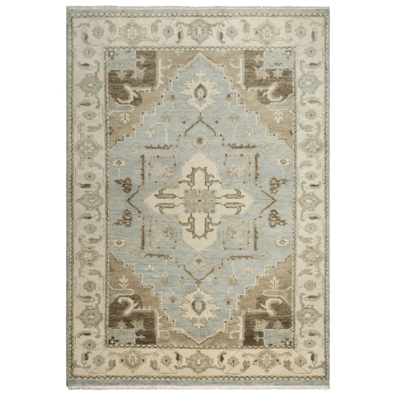 Tapis oriental bleu / beige / cèdre en laine noué à la main Belmont, Rectangle 2 pi x 3 pi