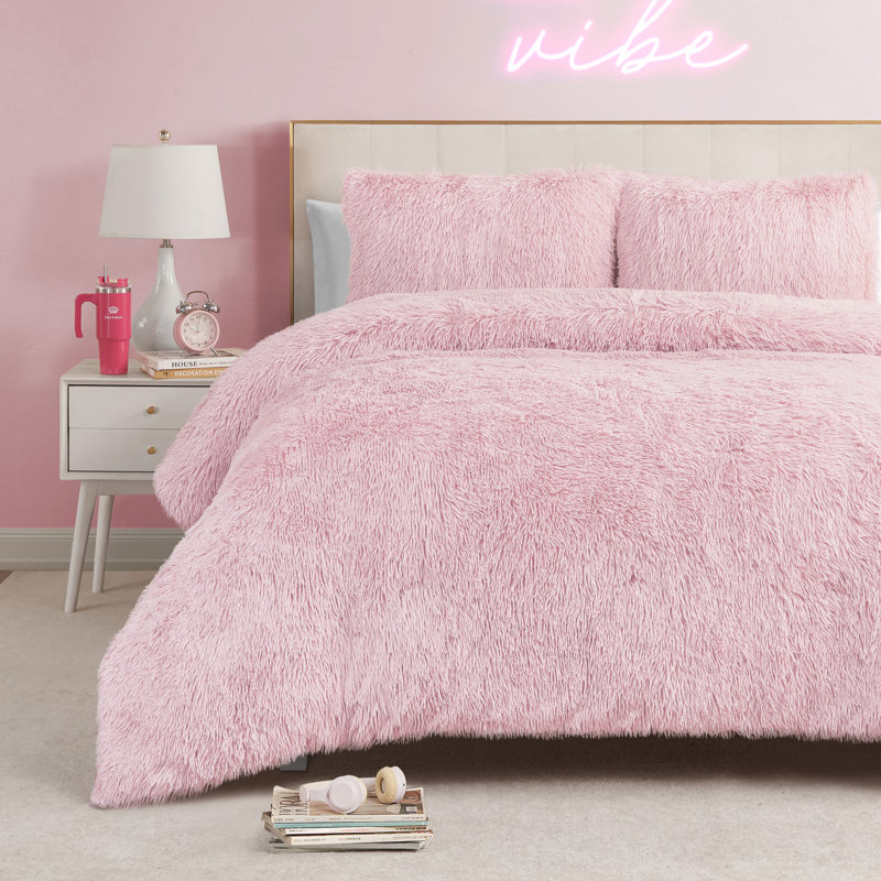 Juicy Couture Shaggy Faux Fur Comforter & Shams Bedding Sets, Queen Comforter + 2 Standard Shams, Pink