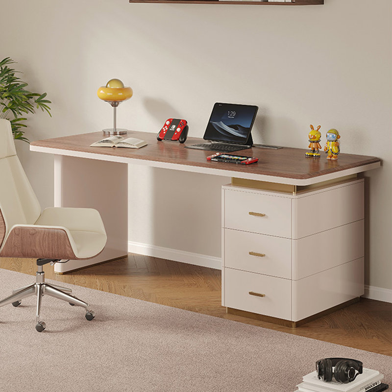 Bureau à 3 tiroirs brun noyer + blanc massif + bois manufacturé, H 29,53 po x l 78,74 po x P 27,56 po, Retour à droite